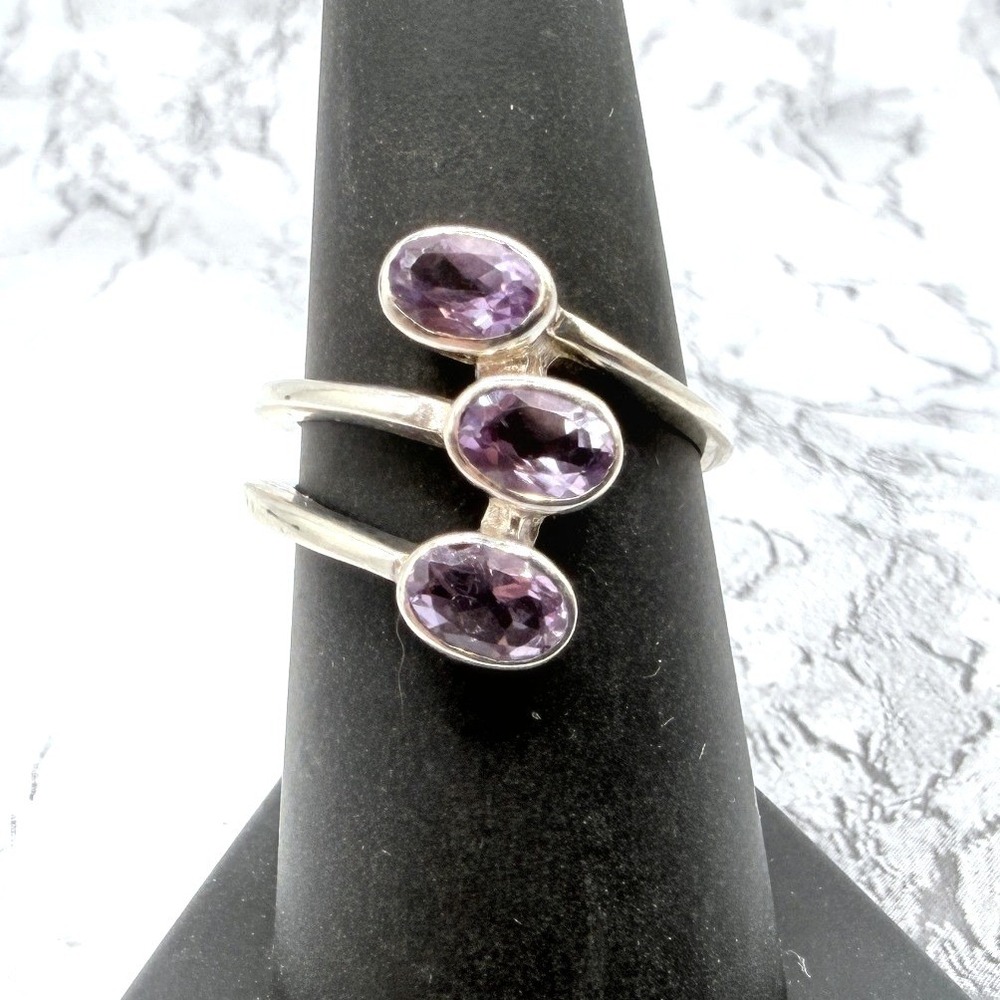 Natural Amethyst Three Stone Ring Size 7.5 Low Grade Silver Modernist Bypass